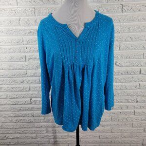 Basic Editions Women's XXL Top Blue White Polka Dot V-Neck Cotton Blouse GEO187E